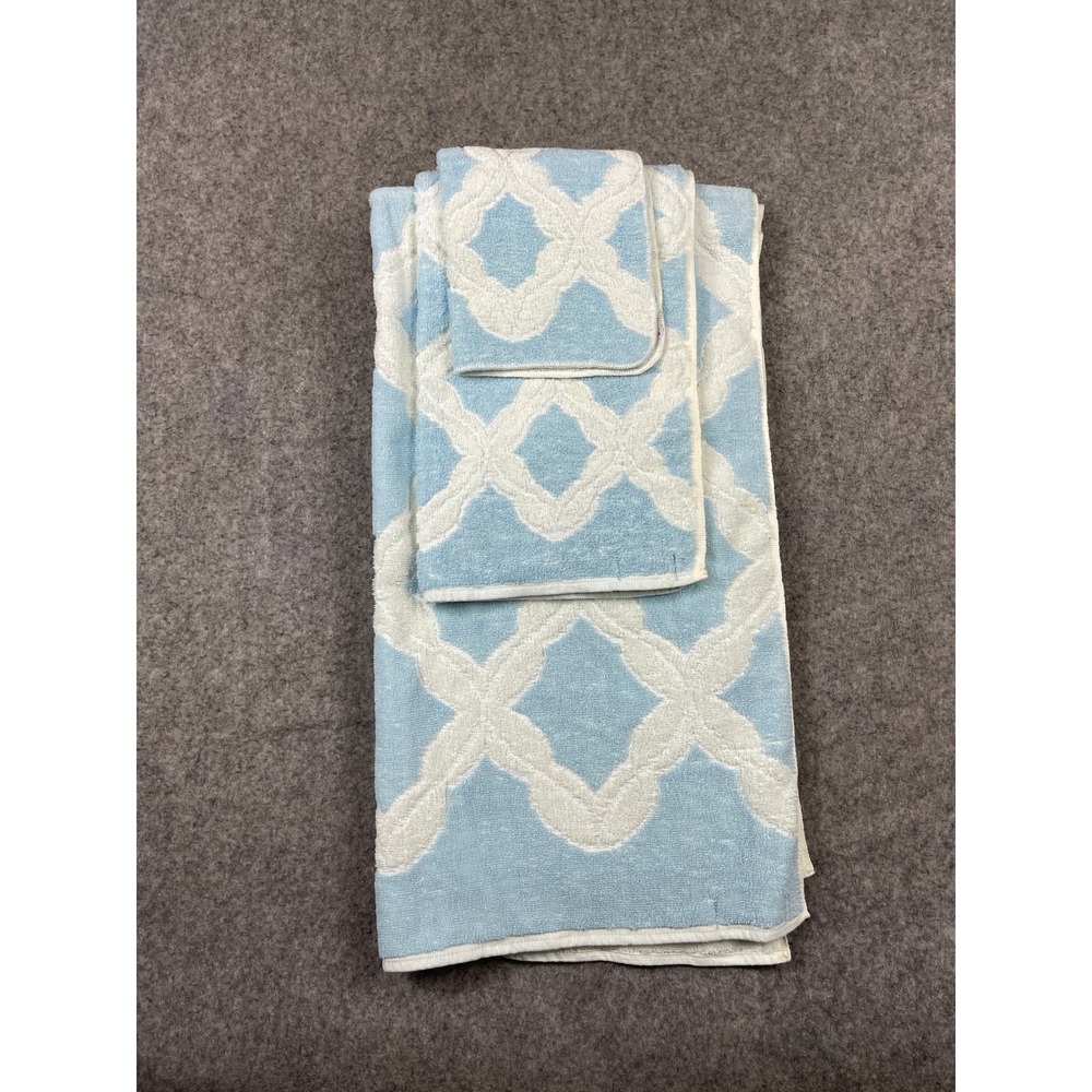 Martex Vintage Light Blue White Trellis Geometric Cotton Towel Set Made in USA